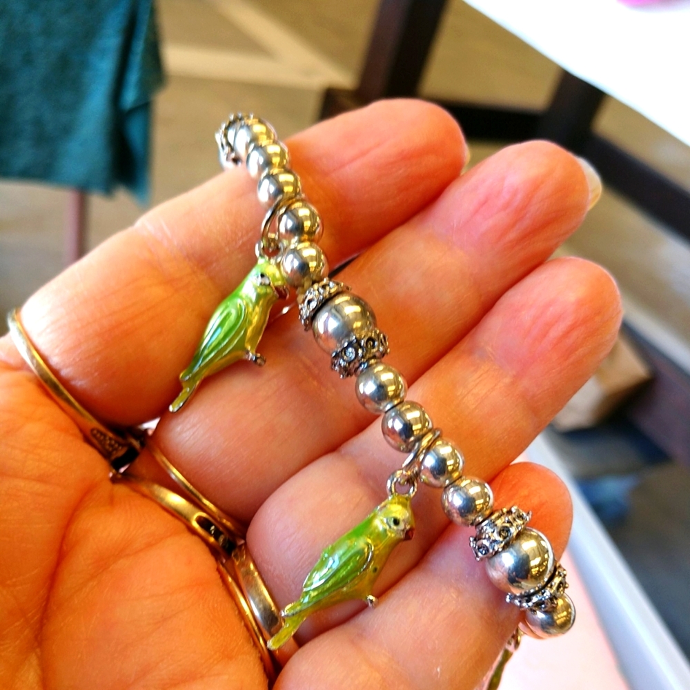 NEW Bird Charm Bracelet with Silver Beads Stretch Cord Handmade by Jackie NWT